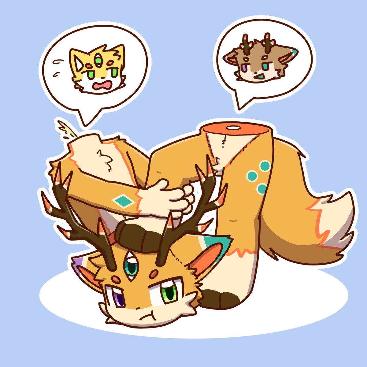 🍋：别踩头啦，快把你的脚从头上放下来诶！（用力拉）
🦌：诶嘿嘿，这头和身体都能分离还能自主控制的新身体，为什么不多踩两下呢。（坏笑）
🍋🦌：你两人闹够了没有啊？（生气）
🍋：<a href="/guiltur/">柠檬狐鬼饕</a>