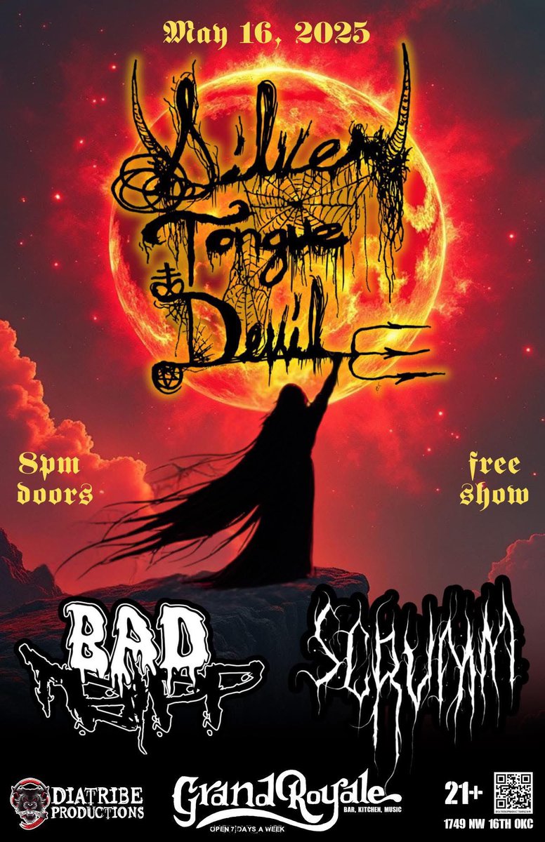 Returning to OKC today to play Grand Royale for the first time alongside BAD TRIPP &amp; SCRUMM.  FREE show, 21 &amp; up, music starts at 9p and we play at 10p. We have  a truckload of mew merch so come hang and grab a something sexy for yourself. 
<a href="/TheOneTrueDevil/">Silvertonguedevil</a>
