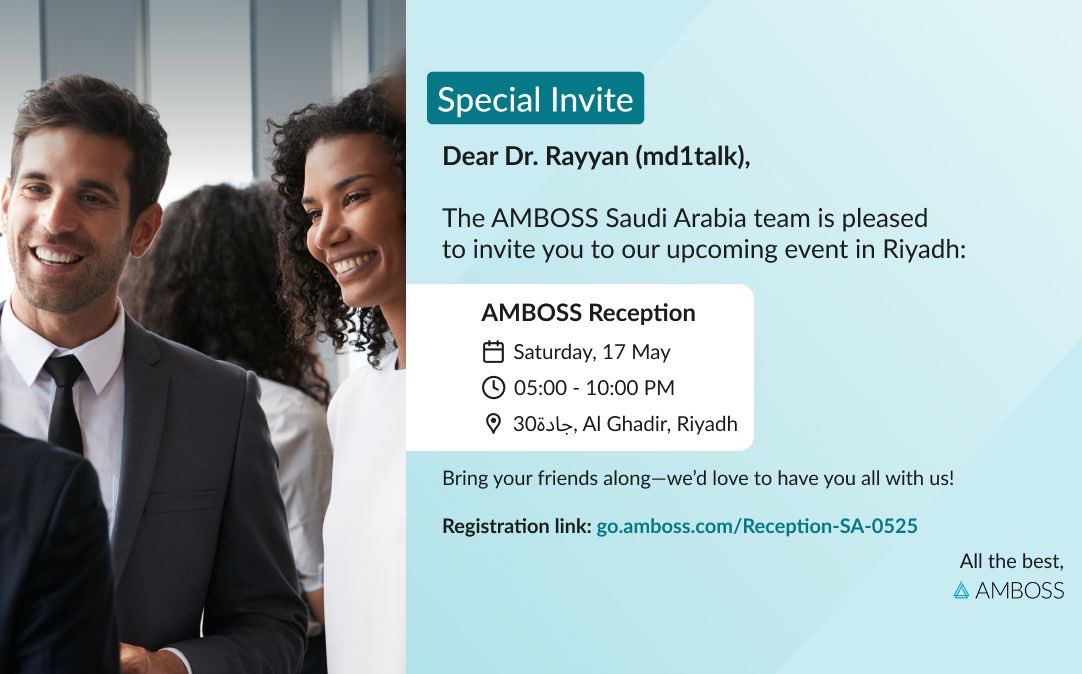 سعيد بتلقي دعوة لحضور فعالية AMBOSS المقامة في الرياض يوم 17 مايو (السبت) 🤩

والأجمل من ذلك، أن الحدث سيجمعنا مع المؤسسين الأصليين لهذه المنصة العريقة التي أحدثت نقلة نوعية في التعليم الطبي ! 

الكل مرحب فيه للحظور: 
go.amboss.com/Reception-SA-0…

نشوفكم هناك 🫡
