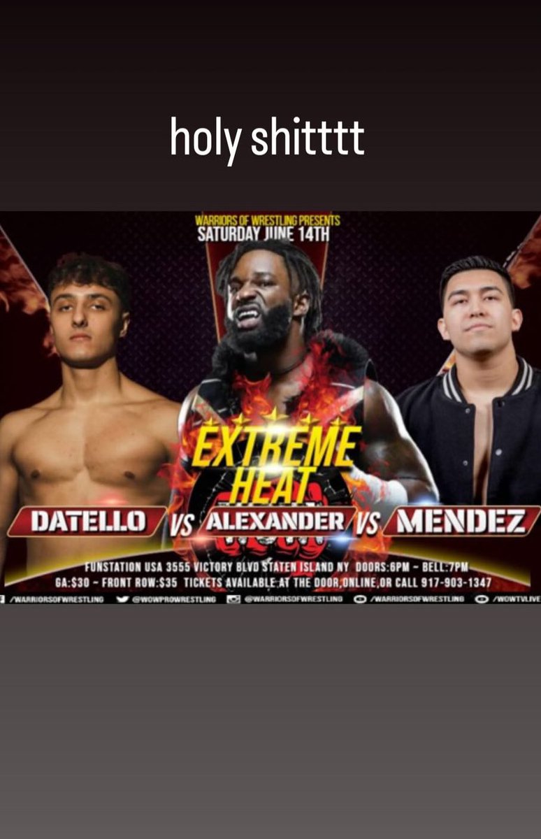 NO FUCKING WAYYYY

<a href="/CedricAlexander/">PRYME Alexander</a> 
<a href="/RogerMendezwow/">Roger Mendez</a> 
<a href="/WOWPROWRESTLING/">Warriors Of Wrestling</a>