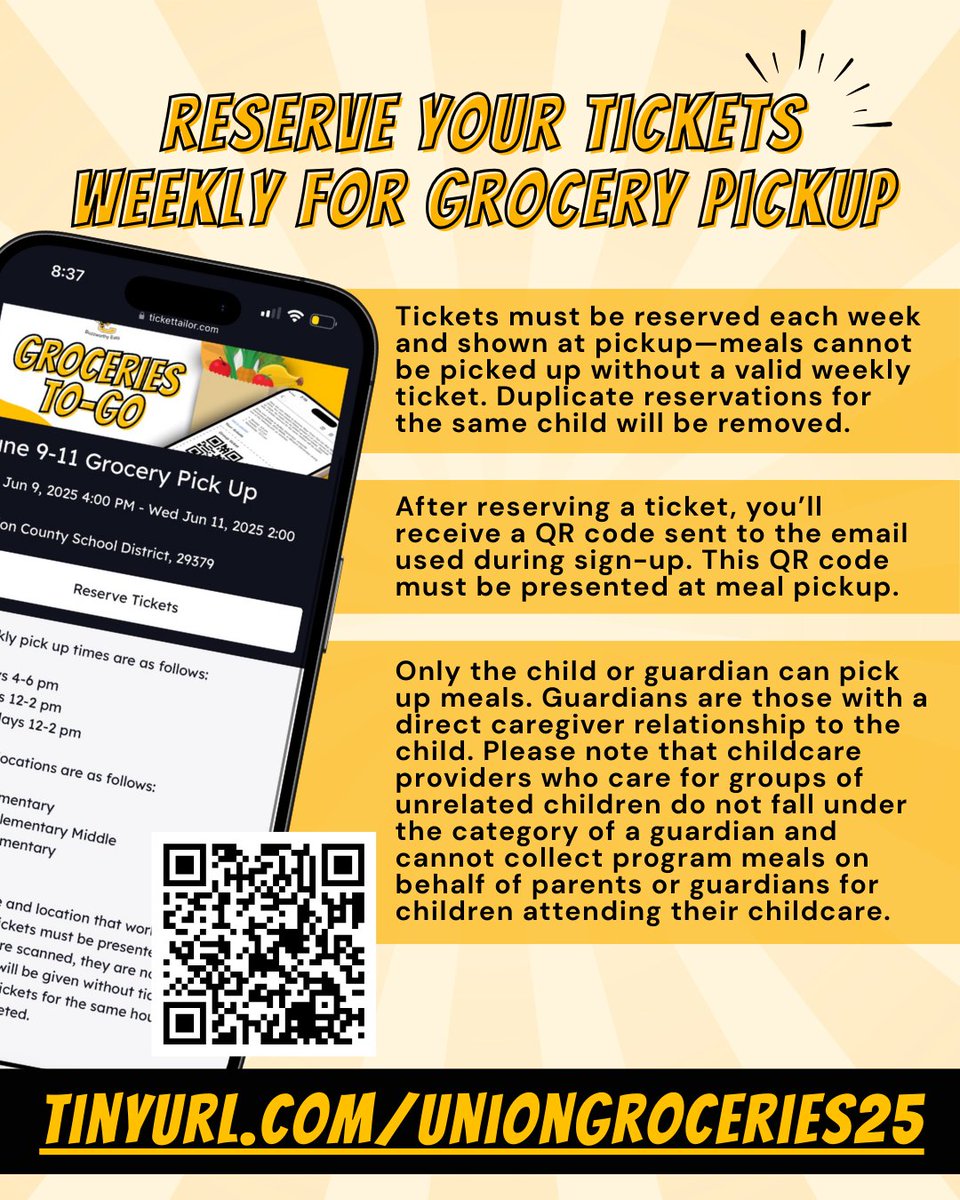 FREE summer groceries begin June 9️⃣!

Children 18 and under who are not enrolled in our home delivery program can register weekly to pick up groceries at select locations! ☀️Our first week of grocery pickup tickets are available NOW!

📅 Don’t wait: tickettailor.com/events/unionco…