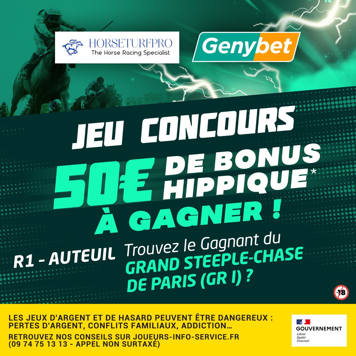 Horseturfpro 🐎 (@horseturfpro) on Twitter photo 🎁Jeu concours en partenariat avec <a href="/Genybet_Turf/">Genybet Turf 🔞</a> 🔥
💶5X10€ de bonus hippique à gagner!
❓Quel 🐴 sera 🏆 du Grand Steeple-Chase de Paris <a href="/Hippo_Auteuil/">Hippodrome_Auteuil</a> ?
👉RT+Follow <a href="/horseturfpro/">Horseturfpro 🐎</a> & <a href="/Genybet_Turf/">Genybet Turf 🔞</a> 🥰
👉Donne ton 🐴 en commentaires !💪
TAS lundi 19/05
🔞
#post #sponsorise 🎁Jeu concours en partenariat avec <a href="/Genybet_Turf/">Genybet Turf 🔞</a> 🔥
💶5X10€ de bonus hippique à gagner!
❓Quel 🐴 sera 🏆 du Grand Steeple-Chase de Paris <a href="/Hippo_Auteuil/">Hippodrome_Auteuil</a> ?
👉RT+Follow <a href="/horseturfpro/">Horseturfpro 🐎</a> & <a href="/Genybet_Turf/">Genybet Turf 🔞</a> 🥰
👉Donne ton 🐴 en commentaires !💪
TAS lundi 19/05
🔞
#post #sponsorise