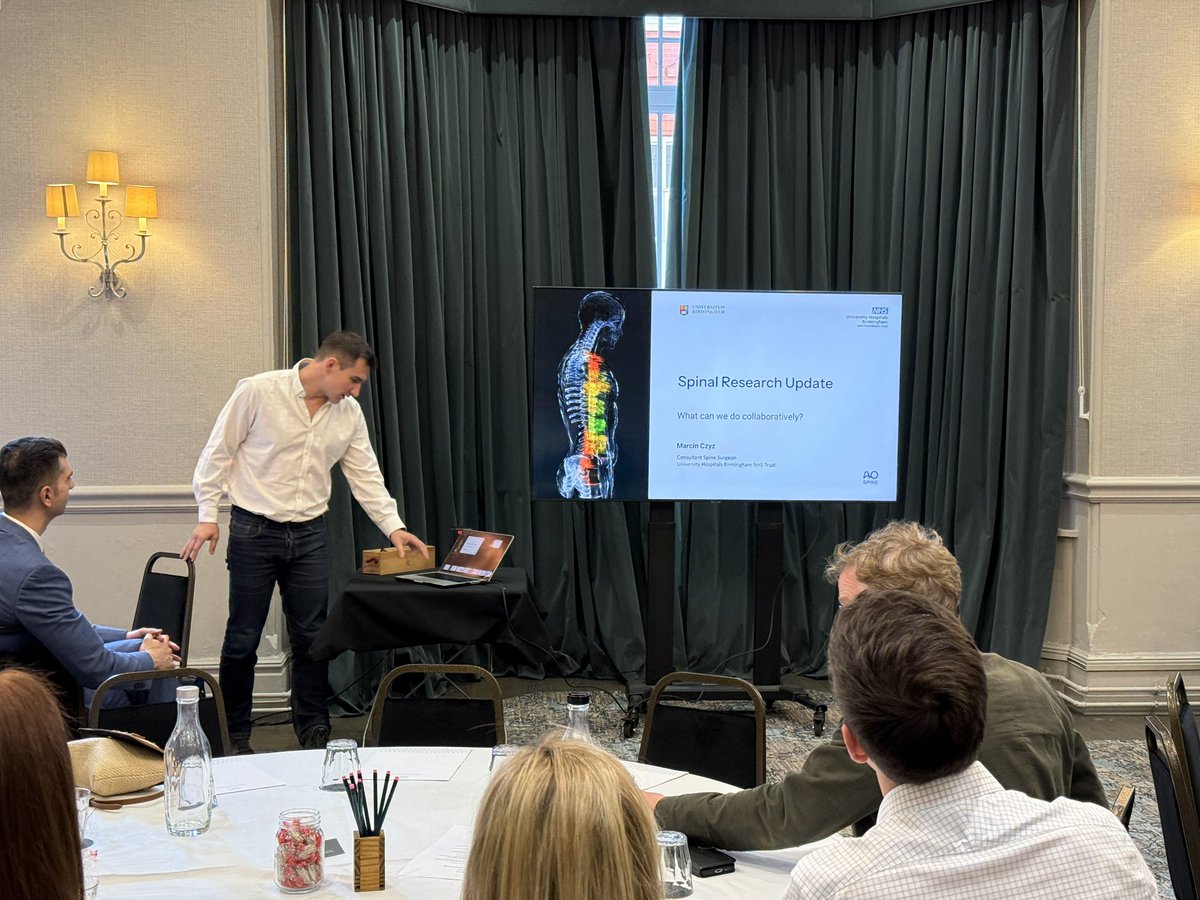UHBNeurosurgery's tweet photo. Mr Marcin Czyz, Spinal Neurosurgery Consultant, kicking off the UHB Neurosurgery Dragon’s Den discussing exciting prospects for spinal research on spinal reconstruction, advances in degenerative cervical myelopathy and early recognition of cauda equina syndrome https://t.co/OCyOKsnfxr