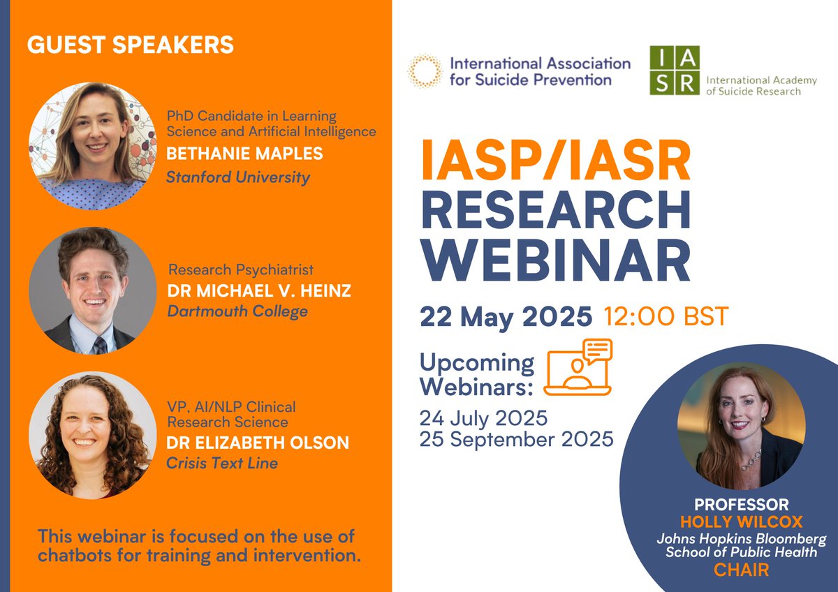 International Association for Suicide Prevention (@iaspinfo) on Twitter photo Don't miss the upcoming <a href="/IASPinfo/">International Association for Suicide Prevention</a> / <a href="/IASR_Suicide/">IASR SuicideResearch</a> Research Webinar chaired by Professor <a href="/DrHollyWilcox/">Holly Wilcox</a>.
📅 Thursday 22 May 2025, 12:00 BST
Featuring:
<a href="/BethanieMaples/">bethanie maples</a>
Dr Michael V. Heinz
Dr Elizabeth Olson <a href="/e_a_olson/">Elizabeth Olson</a>
🔗 Register: bit.ly/4jaRJVJ Don't miss the upcoming <a href="/IASPinfo/">International Association for Suicide Prevention</a> / <a href="/IASR_Suicide/">IASR SuicideResearch</a> Research Webinar chaired by Professor <a href="/DrHollyWilcox/">Holly Wilcox</a>.
📅 Thursday 22 May 2025, 12:00 BST
Featuring:
<a href="/BethanieMaples/">bethanie maples</a>
Dr Michael V. Heinz
Dr Elizabeth Olson <a href="/e_a_olson/">Elizabeth Olson</a>
🔗 Register: bit.ly/4jaRJVJ