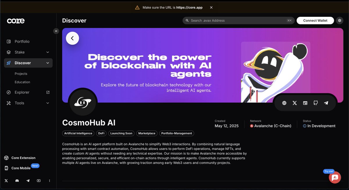 ✨ CosmoHub is now listed on the Core App ecosystem page.
  
Explore how we’re building AI agents for Avalanche 🔺.
 core.app/en/discover/pr…
