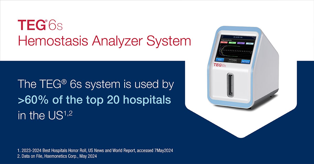 According to @USNews, over 60% of the Top 20 Hospitals use TEG® 6s. Learn more about how our TEG® Hemostasis Analyzer System delivers fast, accurate information where and when needed to help clinicians respond with confidence and optimize patient care: bit.ly/4jotYts