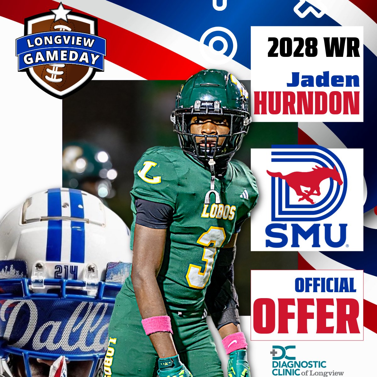Longview Gameday (@longviewgameday) on Twitter photo Offer #7 for <a href="/JadenH_D1/">Jaden Hurndon</a> comes from another 2024 College Football Playoff team. The Freshman WR picks up <a href="/SMU/">SMU</a> !
<a href="/SMUMustangs/">SMU Athletics</a>
<a href="/SMUMustangsOn3/">OnThePonyExpress</a>
<a href="/SMUFB/">SMU Football</a> Offer #7 for <a href="/JadenH_D1/">Jaden Hurndon</a> comes from another 2024 College Football Playoff team. The Freshman WR picks up <a href="/SMU/">SMU</a> !
<a href="/SMUMustangs/">SMU Athletics</a>
<a href="/SMUMustangsOn3/">OnThePonyExpress</a>
<a href="/SMUFB/">SMU Football</a>