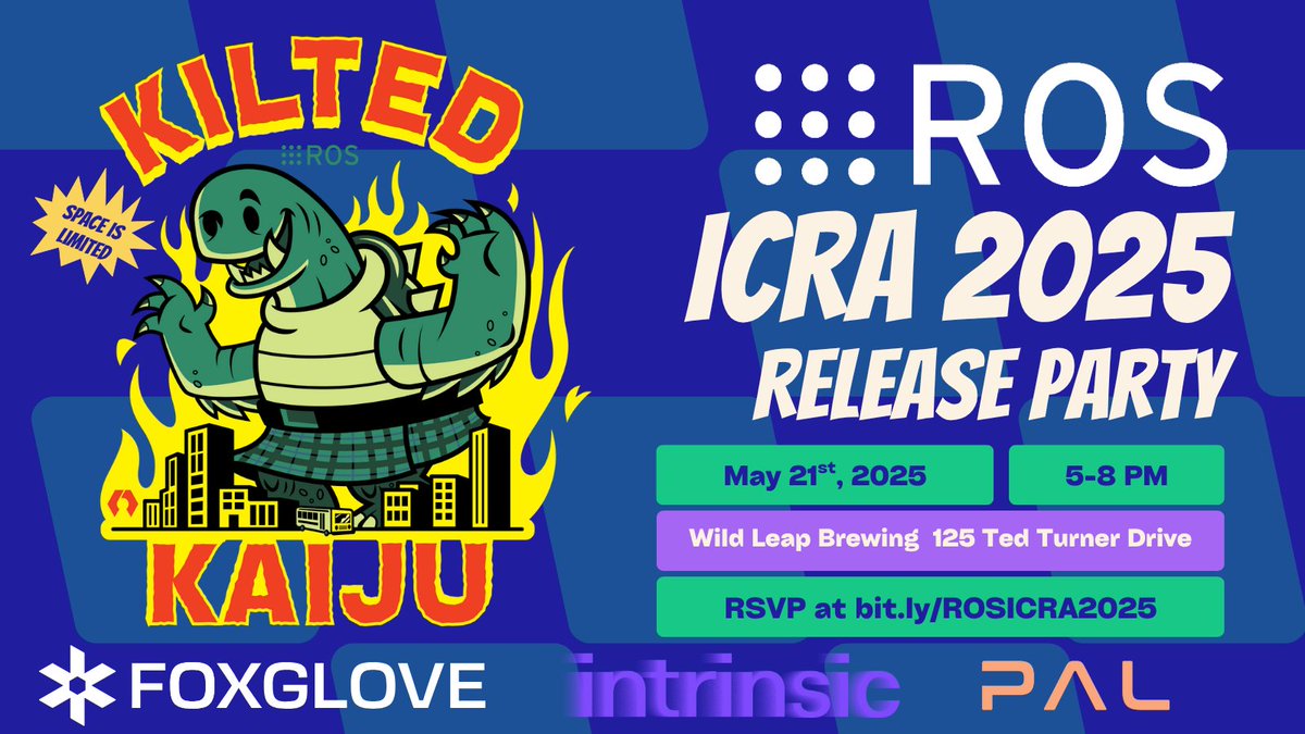 Open Robotics (@openroboticsorg) on Twitter photo Here is your #ROS and robotics news for this week:
🐝 Final countdown on ROS 1!
🐝 ROS 2 Kilted Kaiju Release Party at <a href="/ieee_ras_icra/">IEEE ICRA</a>
🐝 <a href="/ROSIndustrial/">ROS-Industrial</a> / <a href="/AutomateShow/">Automate Show</a> 2025 Summary
🐝 <a href="/FANUCAmerica/">FANUC America</a> announces official ROS 2 driver
🐝 ROSCon 2025 talks due in two weeks!
⬇️⬇️ Here is your #ROS and robotics news for this week:
🐝 Final countdown on ROS 1!
🐝 ROS 2 Kilted Kaiju Release Party at <a href="/ieee_ras_icra/">IEEE ICRA</a>
🐝 <a href="/ROSIndustrial/">ROS-Industrial</a> / <a href="/AutomateShow/">Automate Show</a> 2025 Summary
🐝 <a href="/FANUCAmerica/">FANUC America</a> announces official ROS 2 driver
🐝 ROSCon 2025 talks due in two weeks!
⬇️⬇️