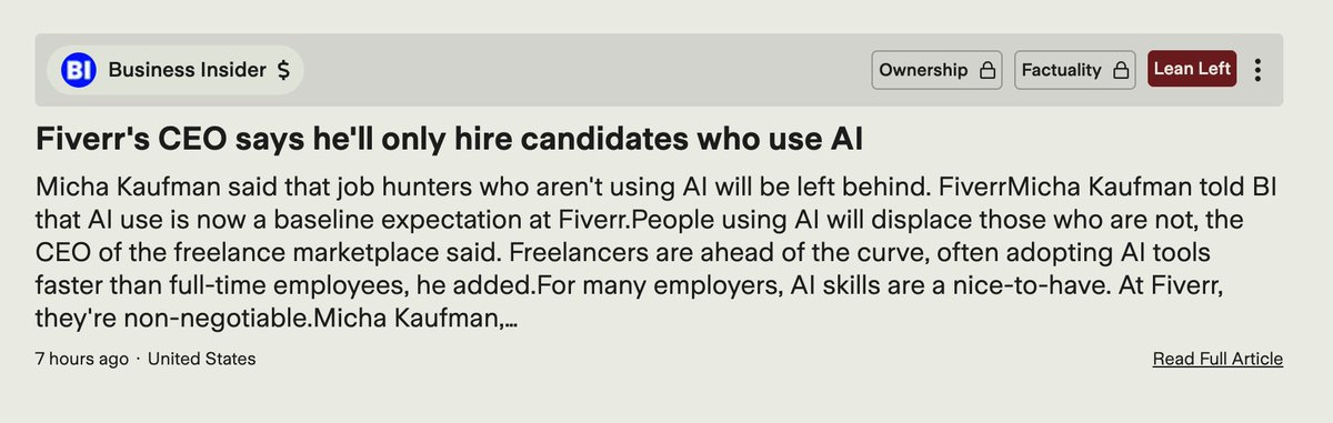 Assad's tweet image. Remember when candidates using AI were seen as less skilled?
Well, that just shifted entirely.#ArtificialIntelligence
The CEO of Fiverr refused to hire anyone who doesn’t use AI.
Several big companies seem to be following the same footsteps.
The era of AI is evolving