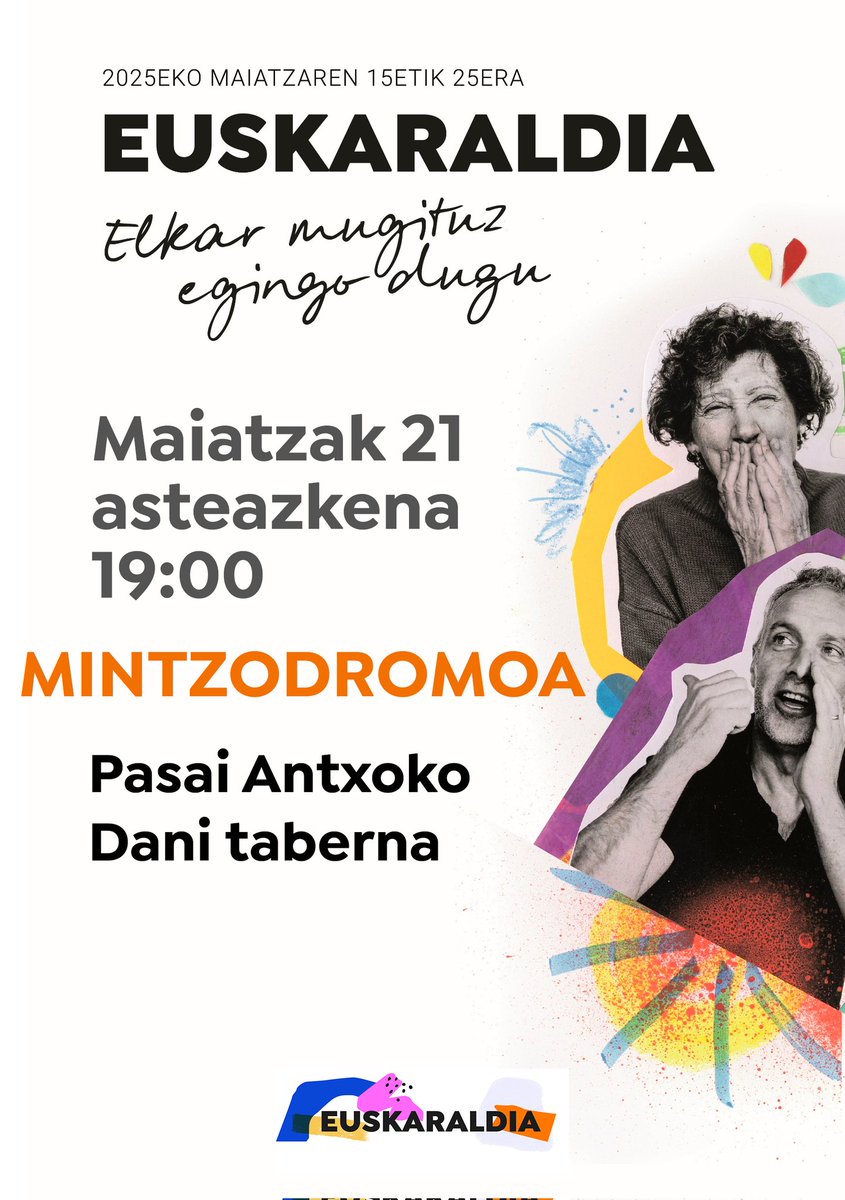 Euskaraz aritzeko, entzuteko, taldean hizkuntza elkarri eskaintzeko... Mintzodromoa maiatzaren 21ean Antxon.
#ElkarMugituzEgingoDugu