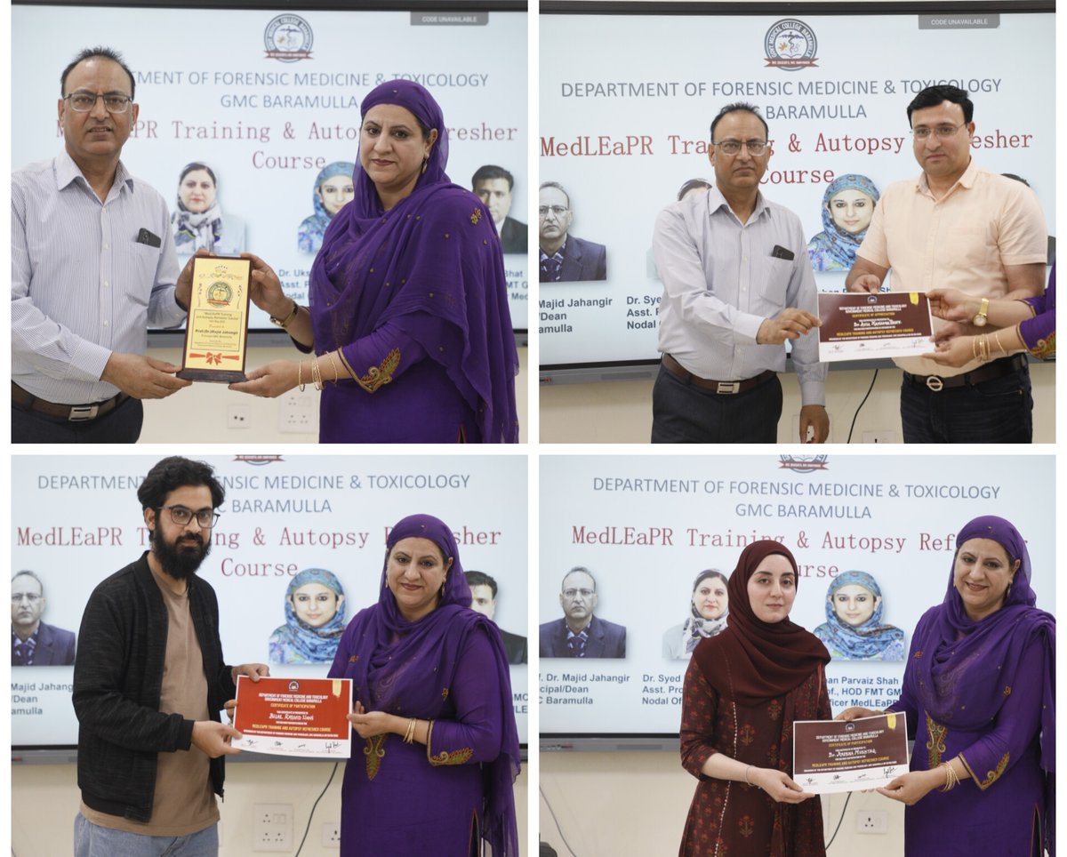 PrincipalGMCbla's tweet photo. #MedLEaPR Training & Autopsy Refresher Course held at GMC Baramulla under the guidance of Dr. Syed Hina Mumtaz, inaugurated by Principal @jahangir_prof Experts Dr. Azia M. Bhat & Dr. Ukshan P. Shah led sessions to refine MLC & autopsy practices. #ForensicMedicine #MedLEaPR https://t.co/osH8R1mMO8