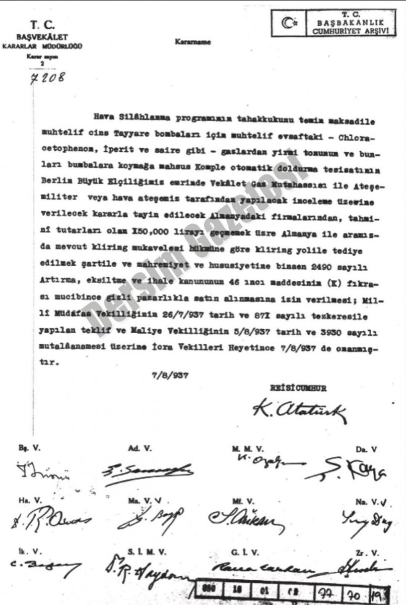 Yıl 1937 

Johnnie Walker 🎩 ve Sağır İsmetin imzaladığı bir belge ! 

Nazi Almanyası’ndan 150.000 lira tutarında kimyasal bomba ithal edilmesine karar veriliyor ! 

Soru basit Bu kimyasal nerede kullanıldı ? 

Belgede ne yazıyor ?
👇

T.C. Başvekalet Kararlar Müdürlüğü
Kararname