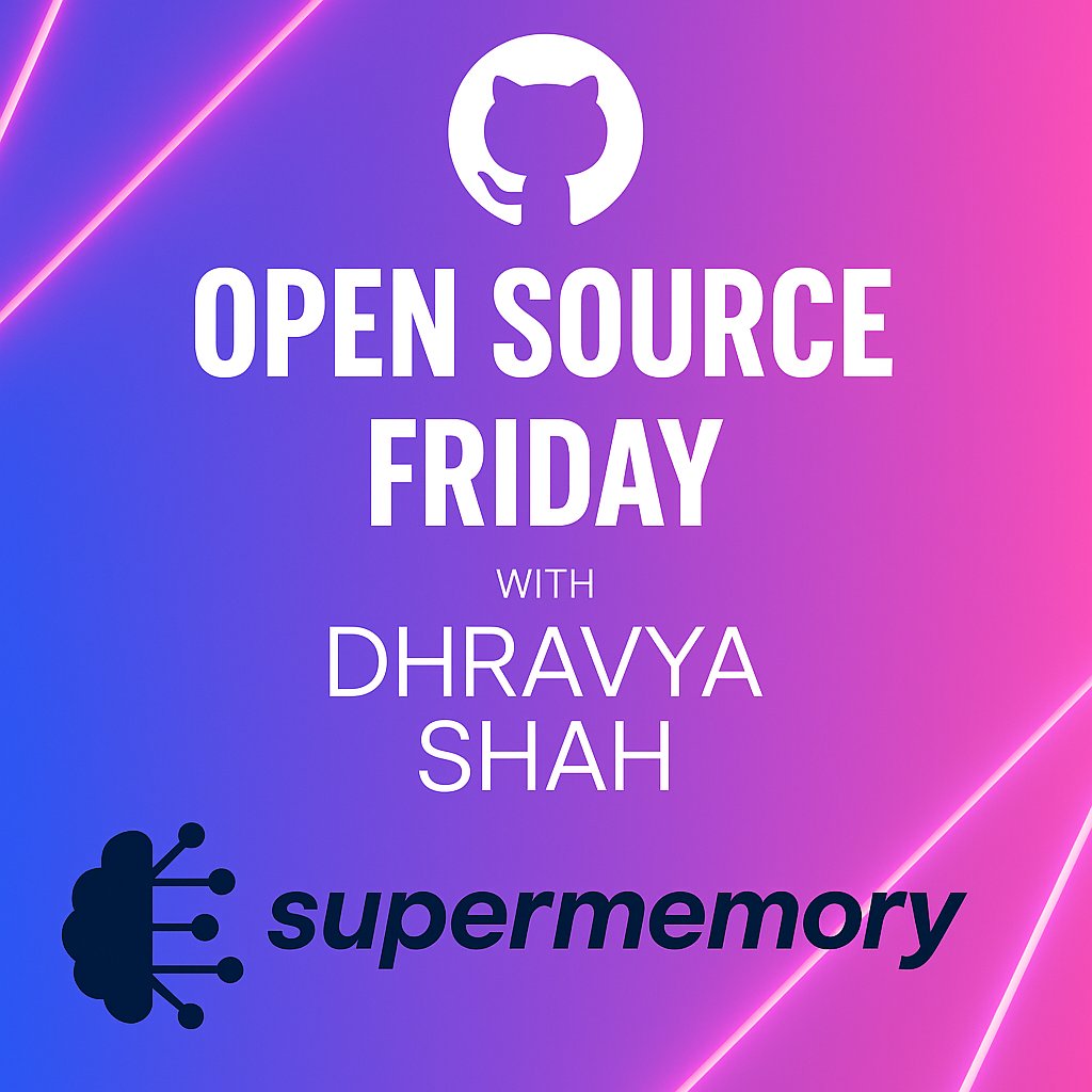 github's tweet image. Join us now for #OpenSourceFriday and discover the power of a second brain! 🧠 @Supermemoryai creator @DhravyaShah will demonstrate its integration capabilities, discuss data privacy approaches, and share insights on the development process. 🤖 
gh.io/supermemory