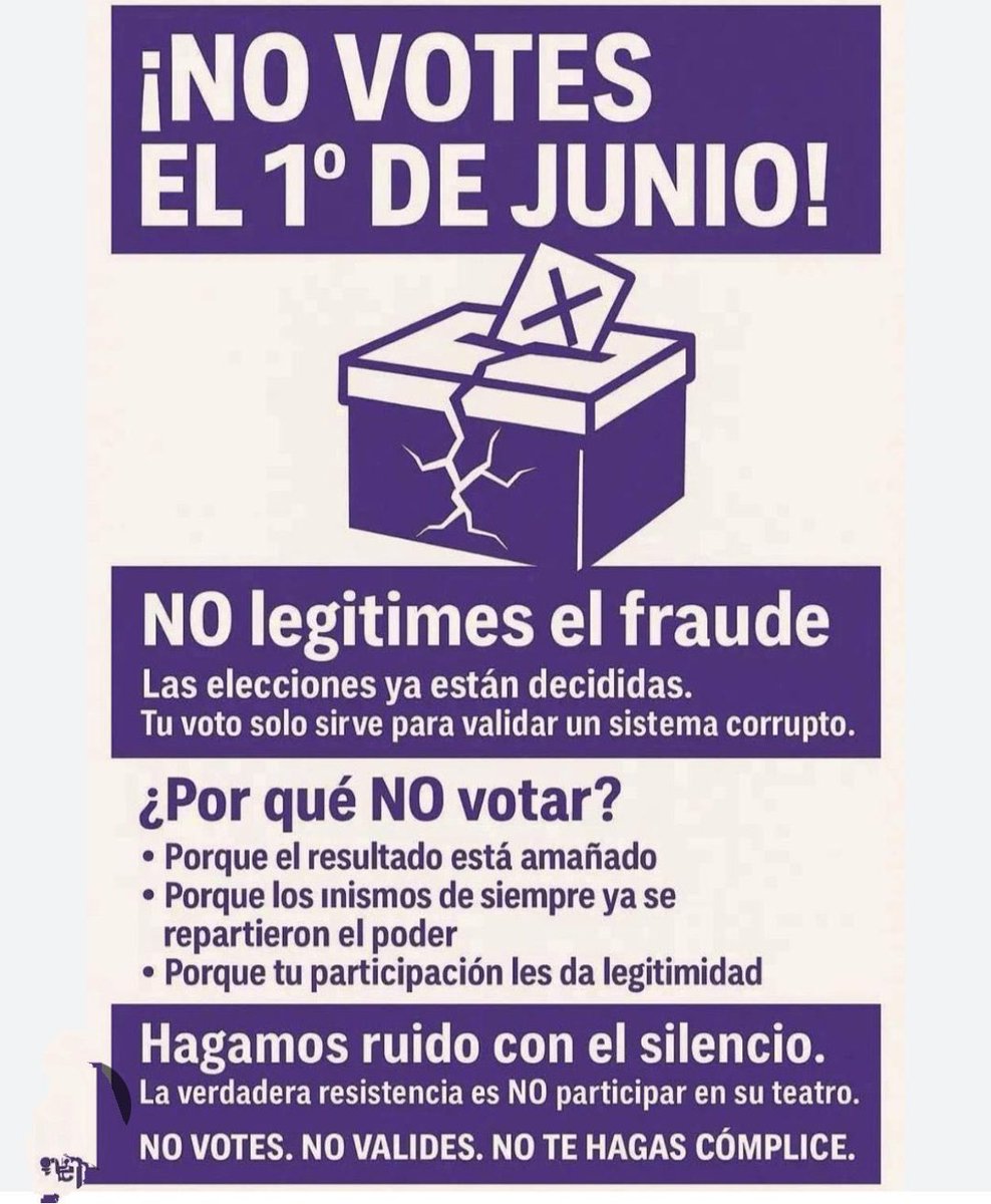 Yo no voy a ser cómplice de una FARSA, las próximas elecciones ya están decididas. 

NO VAYAS A VOTAR ❌🗳️
