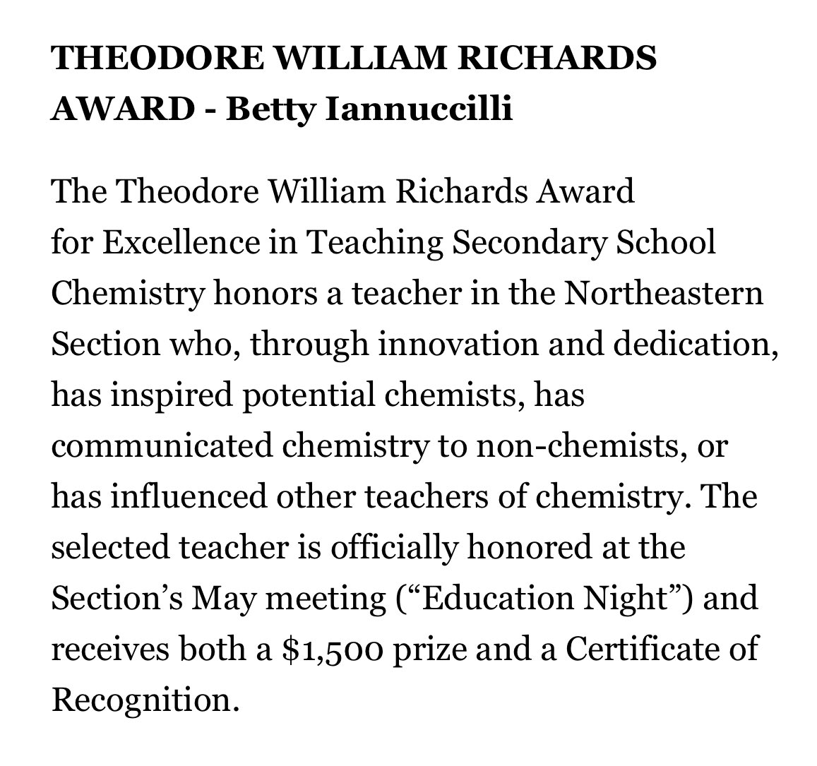 Congratulations to Ms. I and Mr. Jannetti, two of our chemistry teachers, for receiving awards from the American Chemical Society today!  We are very proud of both of them!