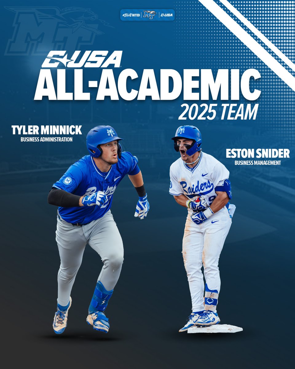 Middle Tennessee Baseball (@mt_baseball) on Twitter photo Standin' on business π€
Congratulations to Eston Snider and Tyler Minnick on earning a spot on the <a href="/ConferenceUSA/">Conference USA</a> All-Academic Team!
#BLUEnited | #BlueCrew Standin' on business π€
Congratulations to Eston Snider and Tyler Minnick on earning a spot on the <a href="/ConferenceUSA/">Conference USA</a> All-Academic Team!
#BLUEnited | #BlueCrew