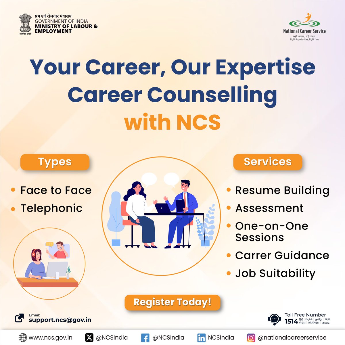 NCSIndia's tweet photo. Start your career journey with expert professional guidance. 

Register now and book your session Today! 

#NCS #Career #Skills #Jobs https://t.co/6ZWvEtu6gz