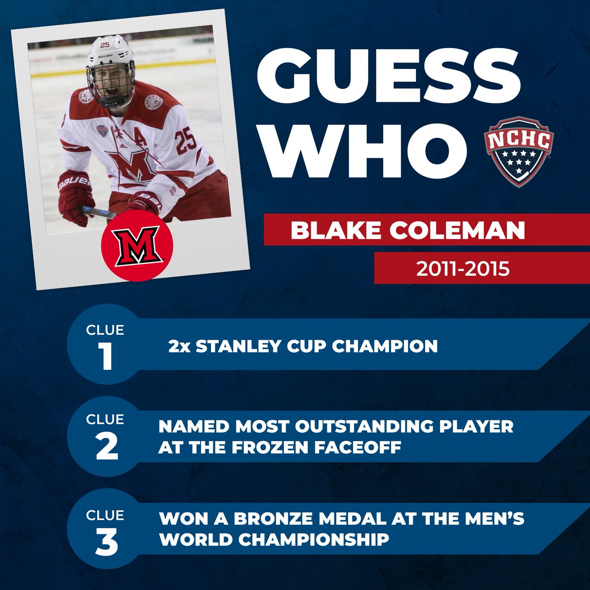 TheNCHC's tweet photo. Our #GuessWho answer is a pretty 🆒 man!

We were talking about former @MiamiOH_Hockey standout and current @NHLFlames forward @BColes25! He’s a two-time Stanley Cup champ with the @TBLightning, was named the 2015 #FrozenFaceoff MOP, and brought home a 🥉 at the 2018 Men's World Championship!

Several of you answered correctly, but congrats to Nick Ladwig for being our prize winner! 👏
