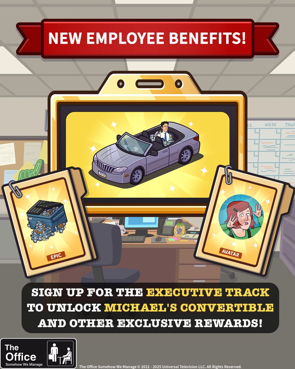 Did you enroll in the new Employee Benefits yet? Because every task you complete gets you closer to the good stuff! 🤑 But don't forget! You can sign up for the EXECUTIVE TRACK and you can win EXCLUSIVE rewards like Michael’s Convertible, which unlocks a unique animation! 🤘