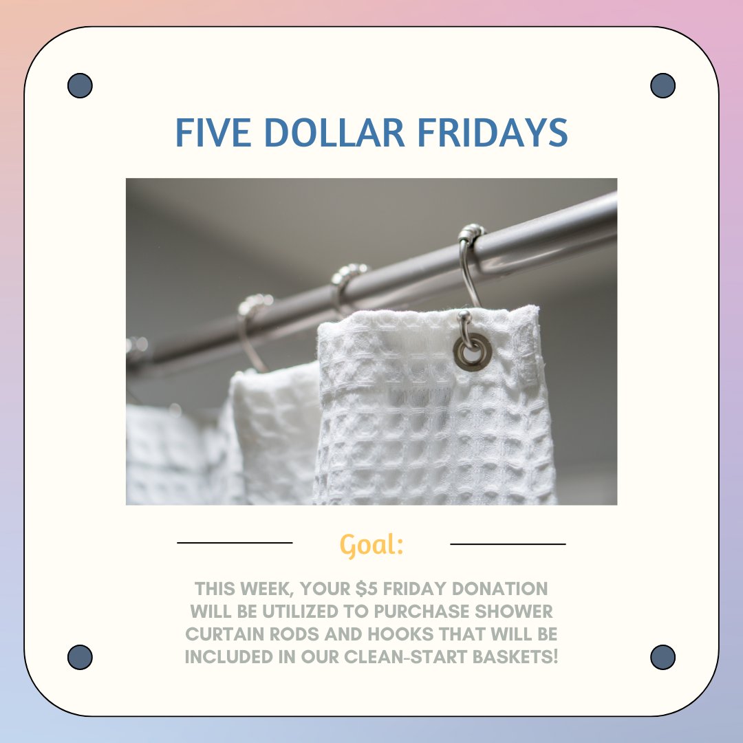 Hi there! Happy Friday, Friends! This week, your $5 Friday donation will help us purchase shower curtain rods and hooks for our Clean Start baskets! 🛁

Support here: pulse.ly/9rbyrb1ehn

Or Shop our Amazon Wishlist: amazon.com/hz/wishlist/ls…