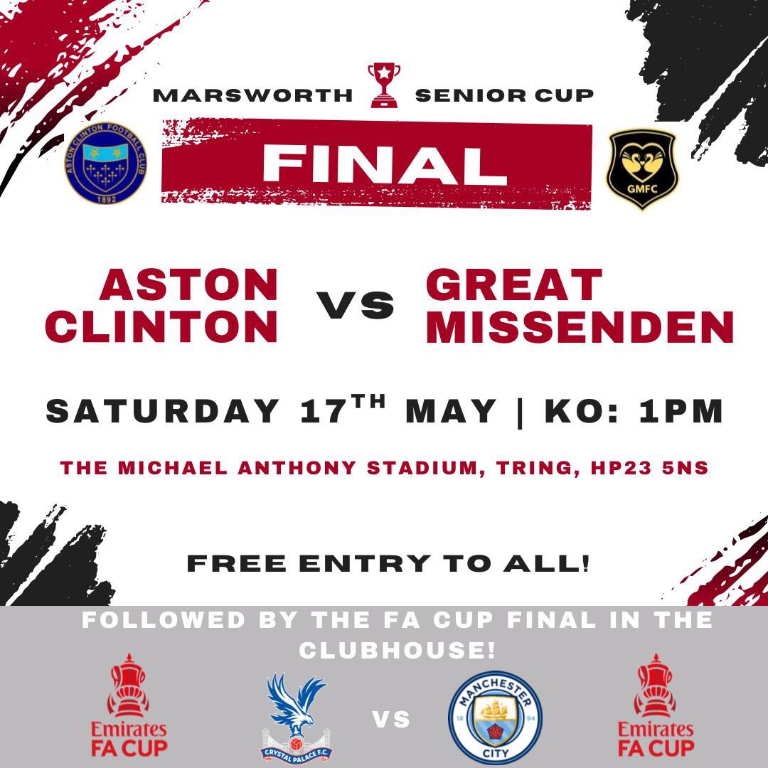 Tring Athletic FC (@tringathletic) on Twitter photo Itโs matchday tomorrow between Aston Clinton and Great Missenden in the Marsworth Senior Cup final!
We are also showing the FA Cup final after the match! โฝ๏ธ๐
๐๏ธ: Tomorrow
๐: 1PM
๐๏ธ: The Michael Anthony Stadium
๐: Marsworth Senior Cup final
๐ซ: FREE ENTRY
๐ป: Bar open
#TAFC Itโs matchday tomorrow between Aston Clinton and Great Missenden in the Marsworth Senior Cup final!
We are also showing the FA Cup final after the match! โฝ๏ธ๐
๐๏ธ: Tomorrow
๐: 1PM
๐๏ธ: The Michael Anthony Stadium
๐: Marsworth Senior Cup final
๐ซ: FREE ENTRY
๐ป: Bar open
#TAFC