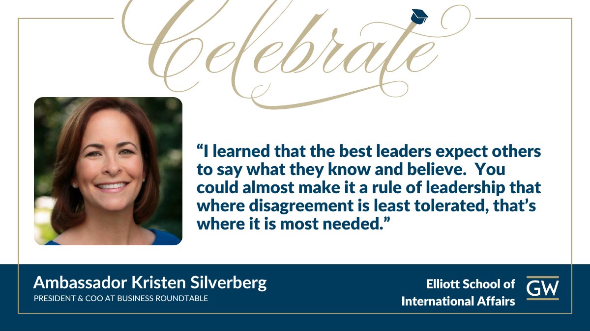 The Elliott School (@elliottschoolgw) on Twitter photo Speaking today at our #ElliottGraduation, Ambassador Kristen Silverberg emphasized that real leadership means listening and valuing different perspectives. Speaking today at our #ElliottGraduation, Ambassador Kristen Silverberg emphasized that real leadership means listening and valuing different perspectives.