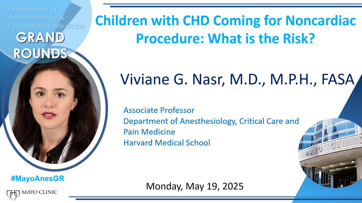 Mayo Clinic Department of Anesthesiology (@mayoanesthesia) on Twitter photo We are looking forward to hosting Dr. Nasr for our upcoming grand rounds. She will present, "Children with CHD Coming for Noncardiac Procedure: What is the Risk?"
<a href="/mollymhherr/">Molly Herr</a> @juangripoll1
@mayoanesres We are looking forward to hosting Dr. Nasr for our upcoming grand rounds. She will present, "Children with CHD Coming for Noncardiac Procedure: What is the Risk?"
<a href="/mollymhherr/">Molly Herr</a> @juangripoll1
@mayoanesres