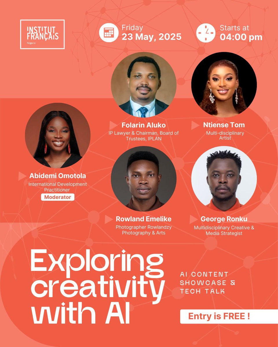 InstitutFrNga's tweet photo. Join us next week Friday for a creative showcase + talk on AI!

Dive into visual storytelling, futuristic design, and how AI is reshaping creativity &amp; society. 

Don’t miss insights from our expert panel! 
FREE Admission 

#institutfrancaisdunigeria #AI #Creativity #TechEvents https://t.co/iPupl0Nhil