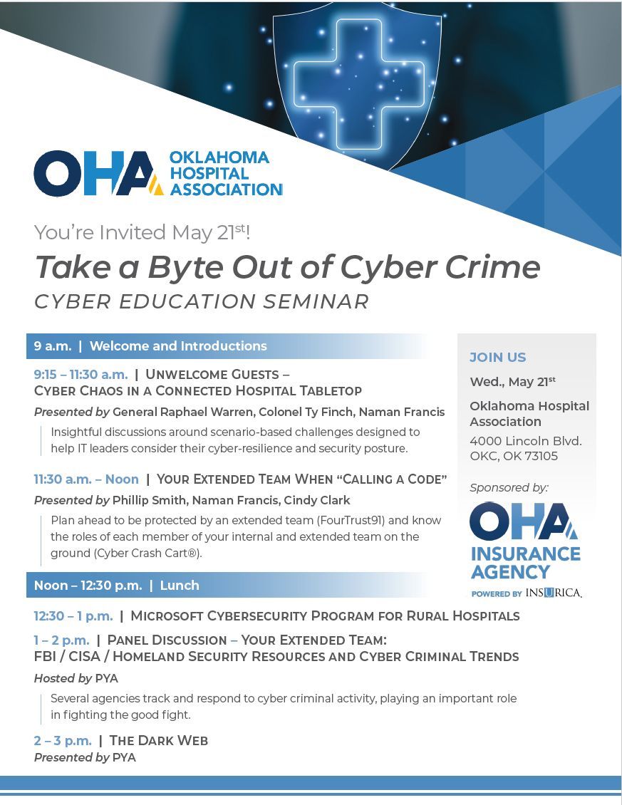 Join OHAIA on Wednesday, May 21 for "Take a Byte Out of Cyber Crime"—a seminar featuring expert-led scenarios and practical strategies to boost cyber-resilience. This is a great chance for hospital IT professionals to grow. Click here to sign up. buff.ly/Dgkiz3N