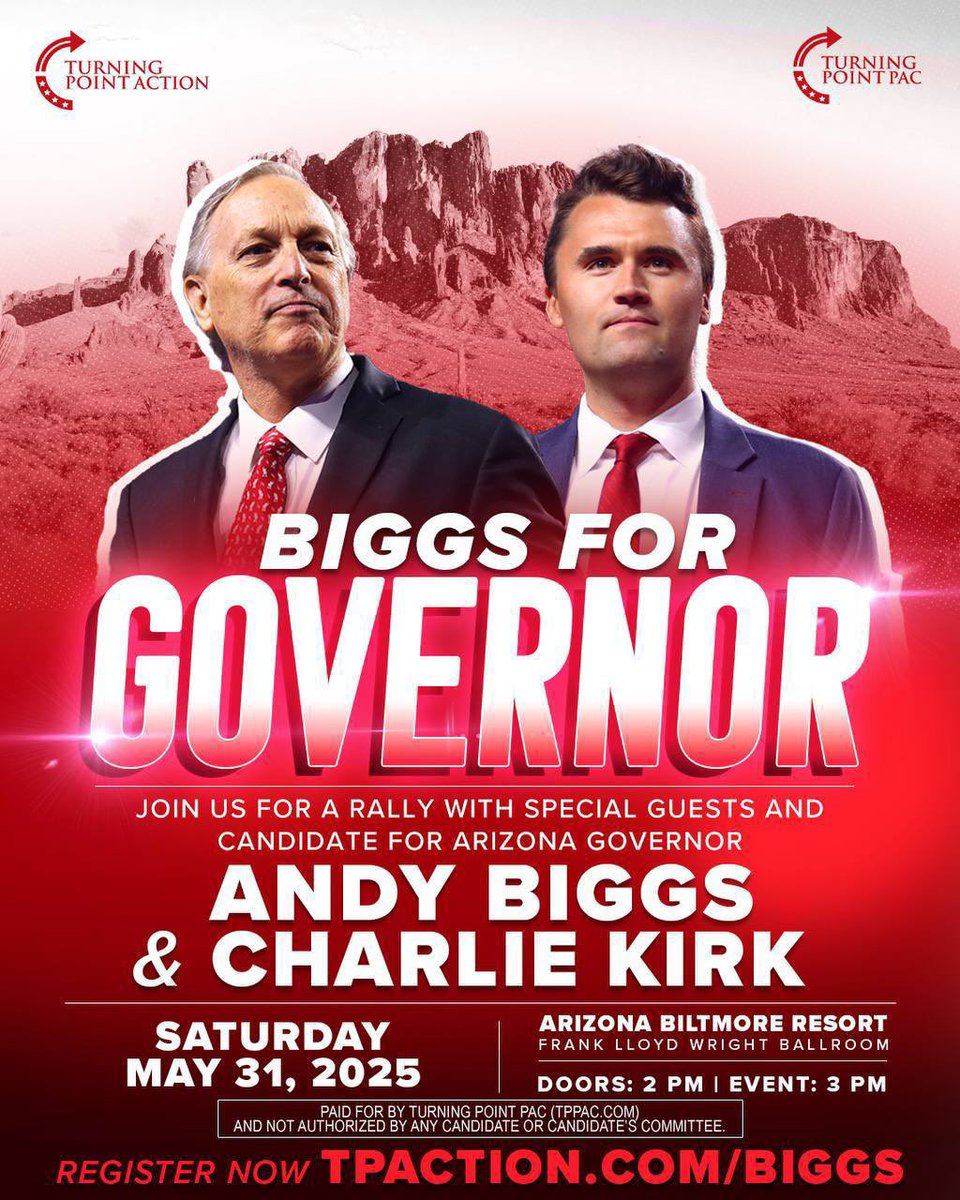 Turning Point Action (@tpaction_) on Twitter photo Turning Point Action is proud to stand behind <a href="/andybiggs4az/">Andy Biggs</a> and support his mission to lead Arizona to a brighter future!
Join us on May 31st in Phoenix for a special rally featuring <a href="/charliekirk11/">Charlie Kirk</a> at the Biltmore Resort to kick off the effort.🌵 Turning Point Action is proud to stand behind <a href="/andybiggs4az/">Andy Biggs</a> and support his mission to lead Arizona to a brighter future!
Join us on May 31st in Phoenix for a special rally featuring <a href="/charliekirk11/">Charlie Kirk</a> at the Biltmore Resort to kick off the effort.🌵
