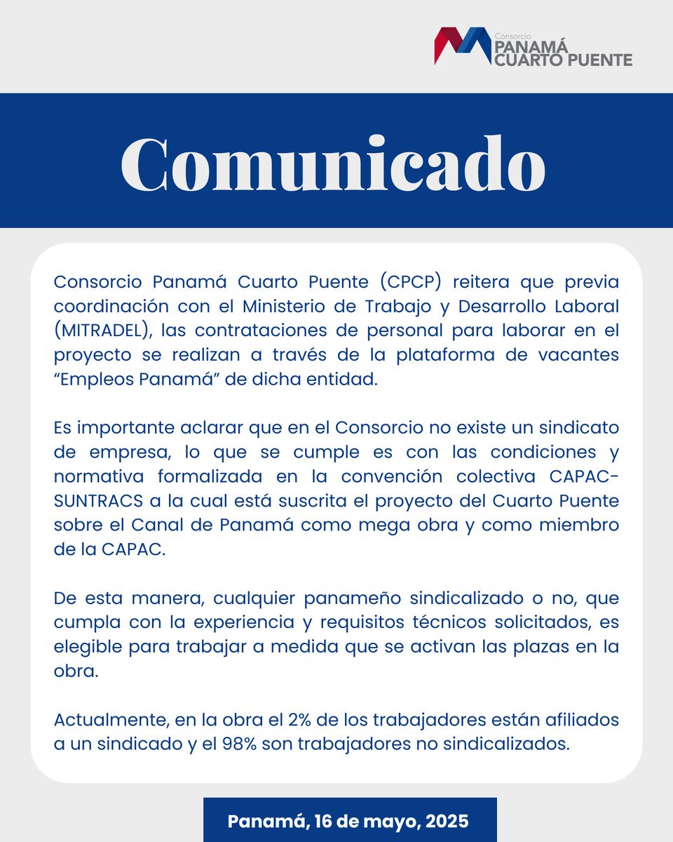 📣📣Comunicado del Consorcio Panamá Cuarto Puente