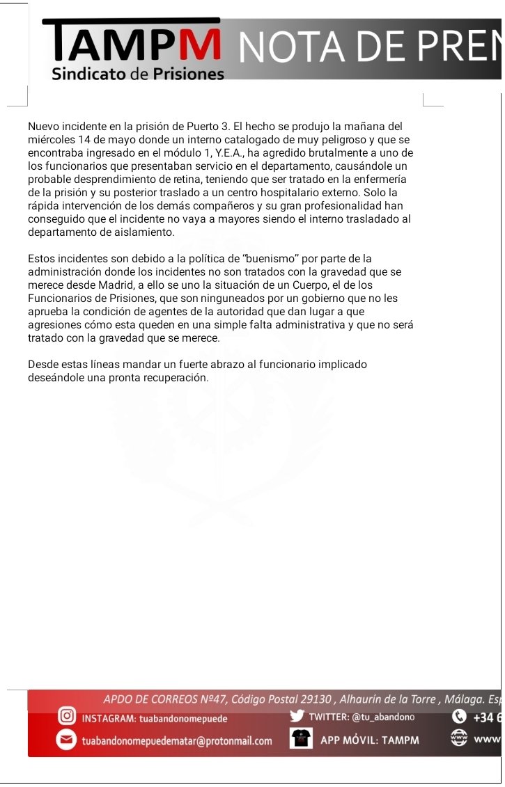 🔴 NUEVA AGRESIÓN EN PUERTO 3

💢 El 14/05 Mód 1:

🔹 Interno AGREDE a Funcionario Brutalmente causándole probablemente un Desprendimiento de RETINA entre otras lesiones.

👉 <a href="/IIPPGob/">Instituciones Penitenciarias</a> sigue mirando hacia otro lado, como siempre.

lavozdigital.es/provincia/nuev…

#TAMPM