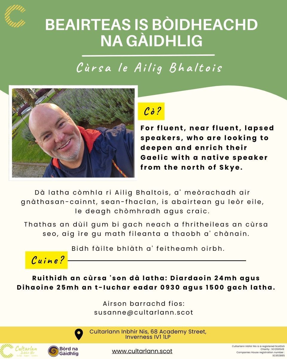 📣 Cùrsa sònraichte dha fileantaich!

Beairteas is Bòidheachd na Gàidhlig le Ailig Bhaltois
📅 Diardaoin 24mh – Dihaoine 25mh an t-Iuchar
🕤 0930–1500 gach latha
📍 Cultarlann Inbhir Nis

🔗 Clàraich an-seo: cultarlann.scot/foirm-beairtea…