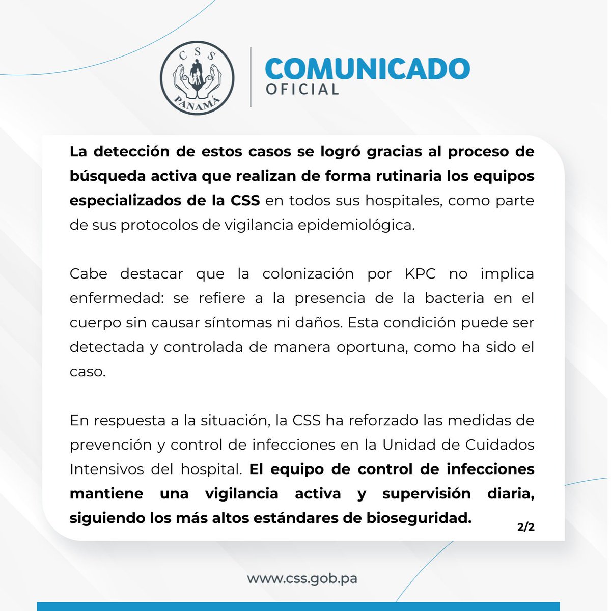CSSPanama's tweet photo. #ComunicadoCSS | CSS mantiene bajo control situación por casos de pacientes colonizados con KPC. https://t.co/Ph5qCBVKov