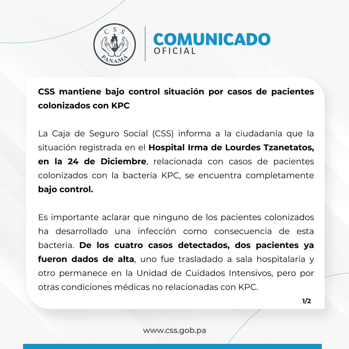 CSSPanama's tweet photo. #ComunicadoCSS | CSS mantiene bajo control situación por casos de pacientes colonizados con KPC. https://t.co/Ph5qCBVKov
