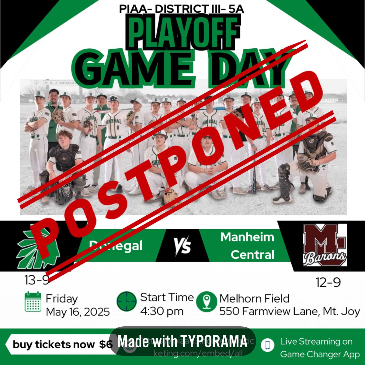 Game has been Postponed due to weather. 
New date Saturday, May 17th. 
We will keep you updated as to the location and time!