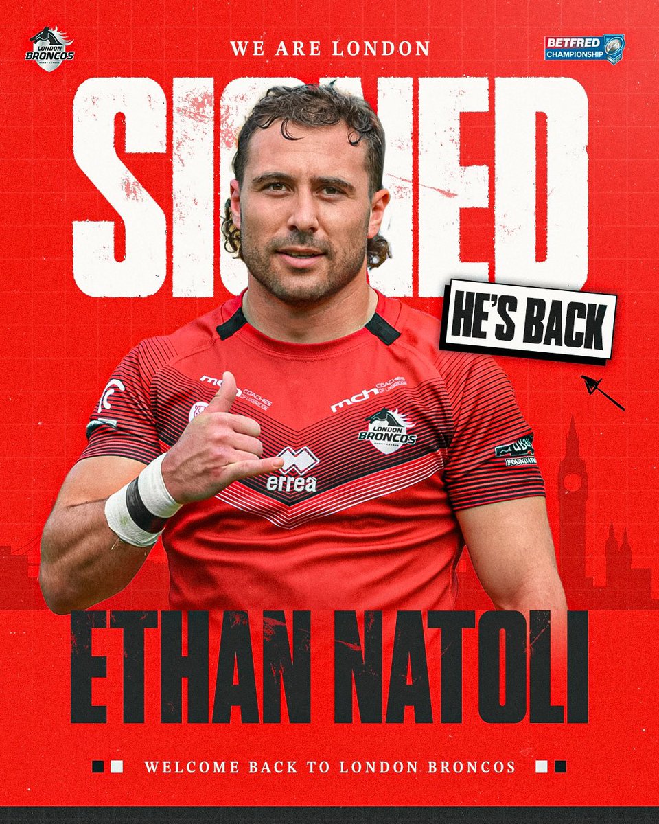 🗣️| 𝐍𝐀𝐓𝐎𝐋𝐈 𝐑𝐄𝐉𝐎𝐈𝐍𝐒 𝐁𝐑𝐎𝐍𝐂𝐎𝐒!!

London Broncos are delighted to announce the signing of Ethan Natoli.

The Italian international made 48 appearances across two seasons and was part of the ‘23 promotion winning side.

Read 👉 londonbroncosrl.com/ethan-natoli-r…