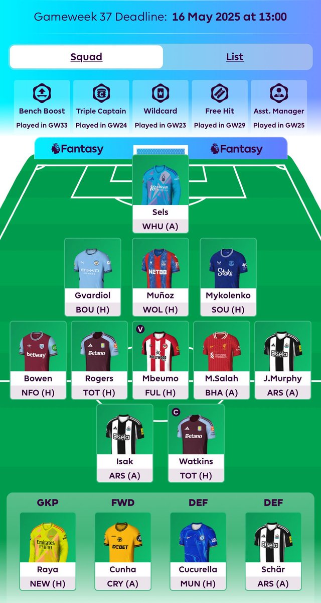 #GW37 Team ✅
1 FT Marmoush ➡️ Watkins
Watkins 🧢
Mbeumo VC
OR 110k

Good luck all! 

Despite the potential jinx to the captaincy I still think he is a good option. 

Hope your decisions add up this weekend!

#FPL