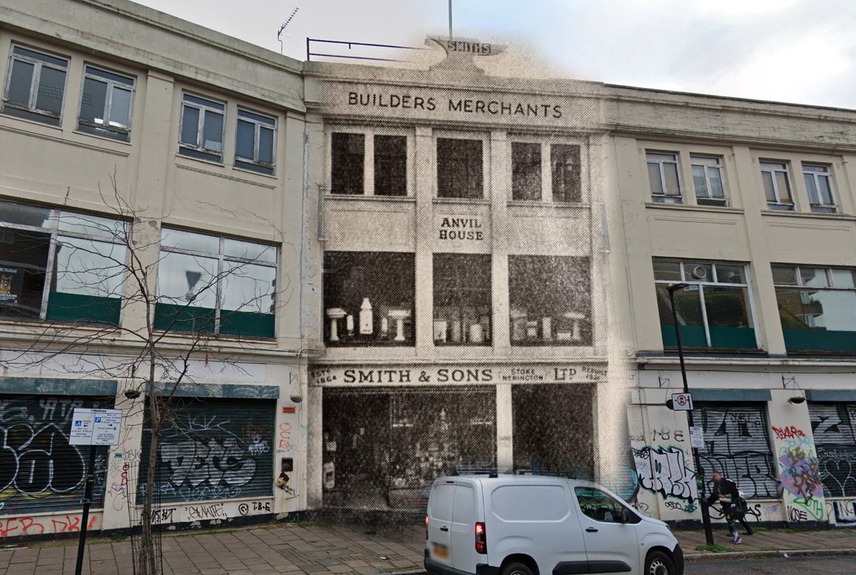 Mashup: Anvil House, Matthias Road. Originally home to Smith &amp; Sons, Builders Merchants, for many years. The business was established in 1864, and the present building was constructed on the site of the original in 1931. It was later occupied by Travis Perkins and is currently