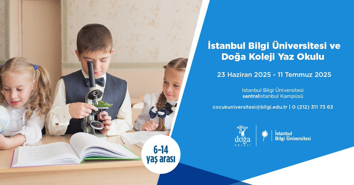 Doğa Koleji (@dogaokullari) on Twitter photo İstanbul Bilgi Üniversitesi ve Doğa Koleji Yaz Okulu, 23 Haziran 2025 - 11 Temmuz 2025 tarihleri arasında santralistanbul Kampüsü'nde eğitim vermeye başlıyor.
Detaylı bilgi ve kayıt için: cocukuniversitesi@bilgi.edu.tr İstanbul Bilgi Üniversitesi ve Doğa Koleji Yaz Okulu, 23 Haziran 2025 - 11 Temmuz 2025 tarihleri arasında santralistanbul Kampüsü'nde eğitim vermeye başlıyor.
Detaylı bilgi ve kayıt için: cocukuniversitesi@bilgi.edu.tr