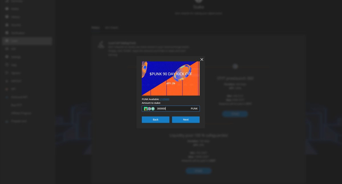 Stake your $PUNK for the specified period.

Patience serves prudence. 🫳

Minimum: 300,000 $PUNK
Maximum: 5,000,000 $PUNK