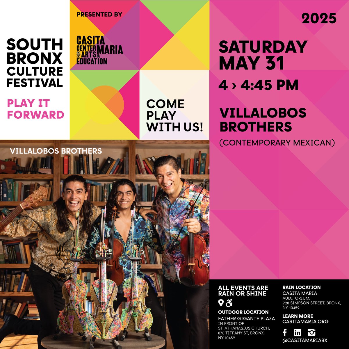 >>Familia! Nos vemos el próximo sábado 31 de mayo, a las 4PM, <a href="/casitamariabx/">Casita Maria Center for Arts & Education</a>! 🎻🎻🎻
>>See you next Saturday, May 31st, at 4PM for our participation at the #SouthBronxCultureFestival, organized by #CasitaMaria!