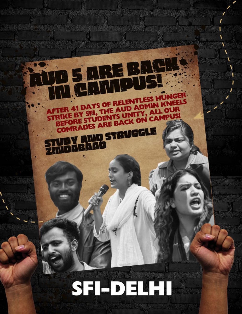 SfiDelhi's tweet photo. SFI Delhi extends our red salutes to the fighting spirit of the AUD 5. We congratulate the relentless struggle of our comrades in AUD who have defended campus democracy and have breathed life and hope into the student movement.
#sfi #sfidelhi #sfiaud #audkg #aud #aud5 https://t.co/LcQNr010d8