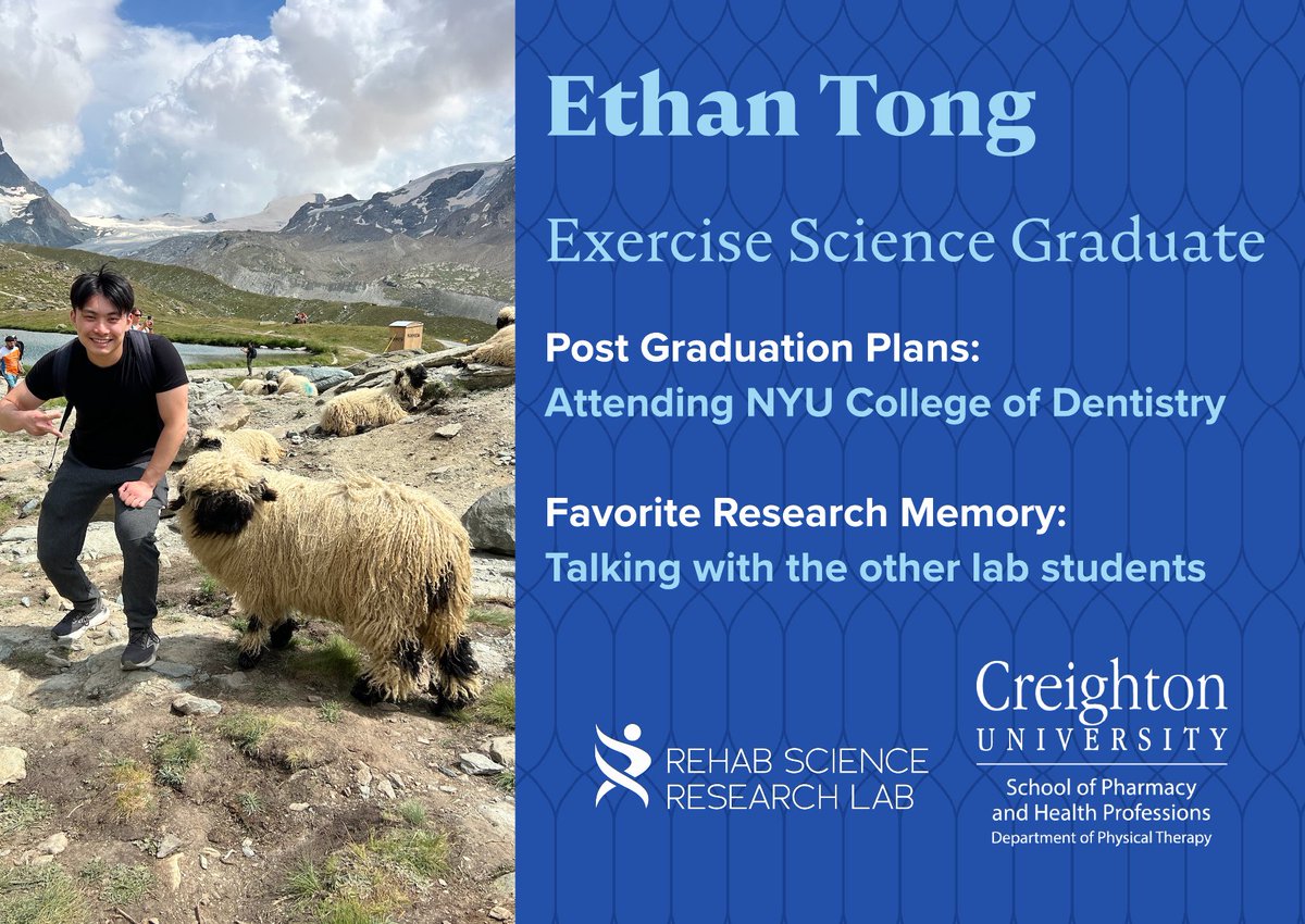 Creighton Rehab Science Research Lab (@creightonrehab) on Twitter photo Congratulations to Ethan! He is graduating with a bachelor's in Exercise Science pre-dental pathway. Ethan contributed to an NIH-funded research project, progressing in the project's development and data set. Ethan plans to join the <a href="/NYUDental/">NYU Dentistry</a> class of 2029 this August! Congratulations to Ethan! He is graduating with a bachelor's in Exercise Science pre-dental pathway. Ethan contributed to an NIH-funded research project, progressing in the project's development and data set. Ethan plans to join the <a href="/NYUDental/">NYU Dentistry</a> class of 2029 this August!
