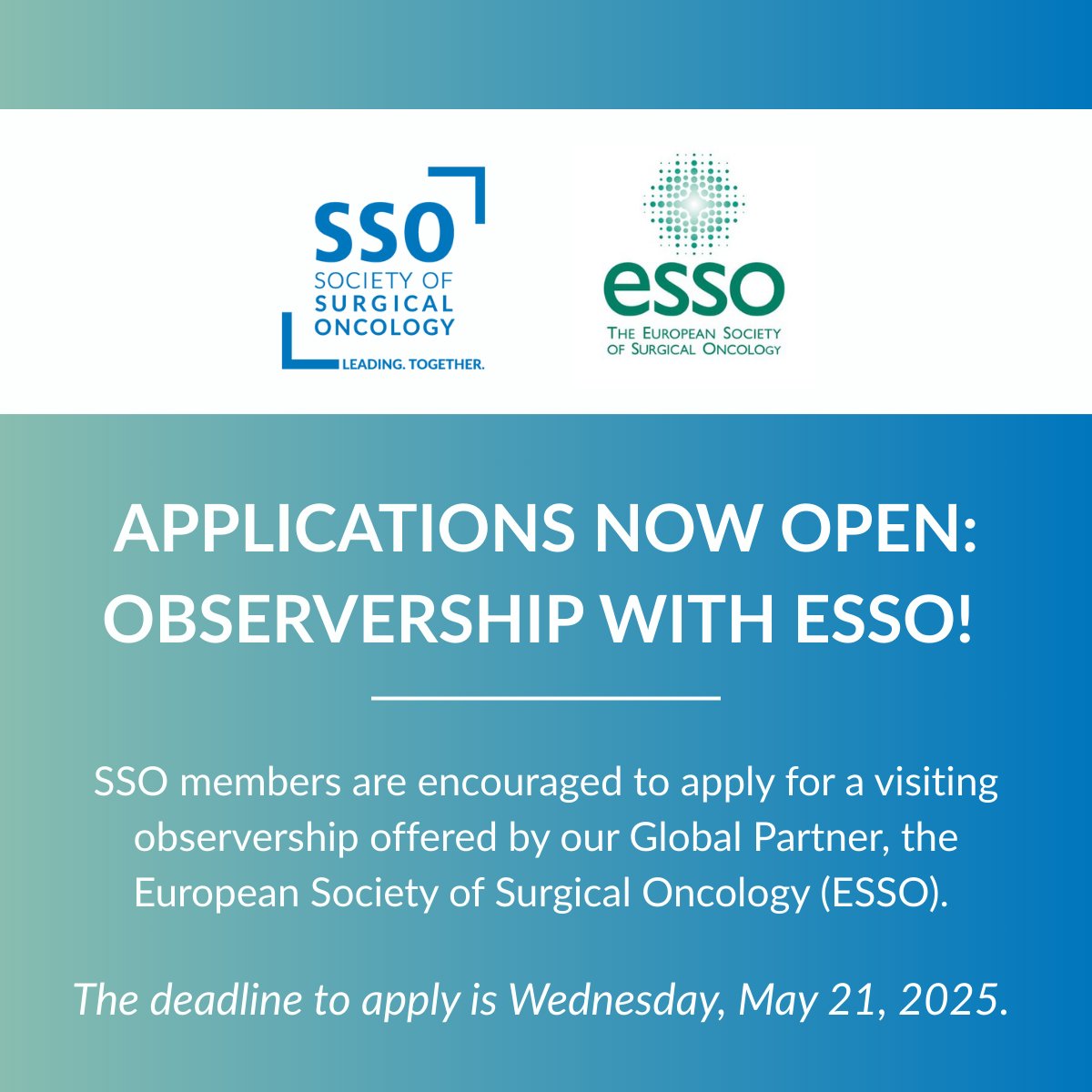 Society of Surgical Oncology (@socsurgonc) on Twitter photo Apply now for the ESSO Observership!
SSO members 45 & under can apply for a $2,000 travel stipend, ESSO 44 registration, and a 1-week observership in Europe.
🗓️ The deadline to apply is May 21, 2025. ow.ly/P0SM50VNQiO Apply now for the ESSO Observership!
SSO members 45 & under can apply for a $2,000 travel stipend, ESSO 44 registration, and a 1-week observership in Europe.
🗓️ The deadline to apply is May 21, 2025. ow.ly/P0SM50VNQiO