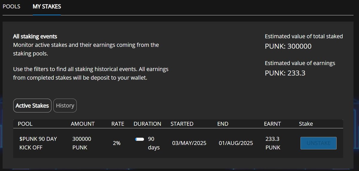 Active stakes are visible in the staking section to track your staking history. 🥩