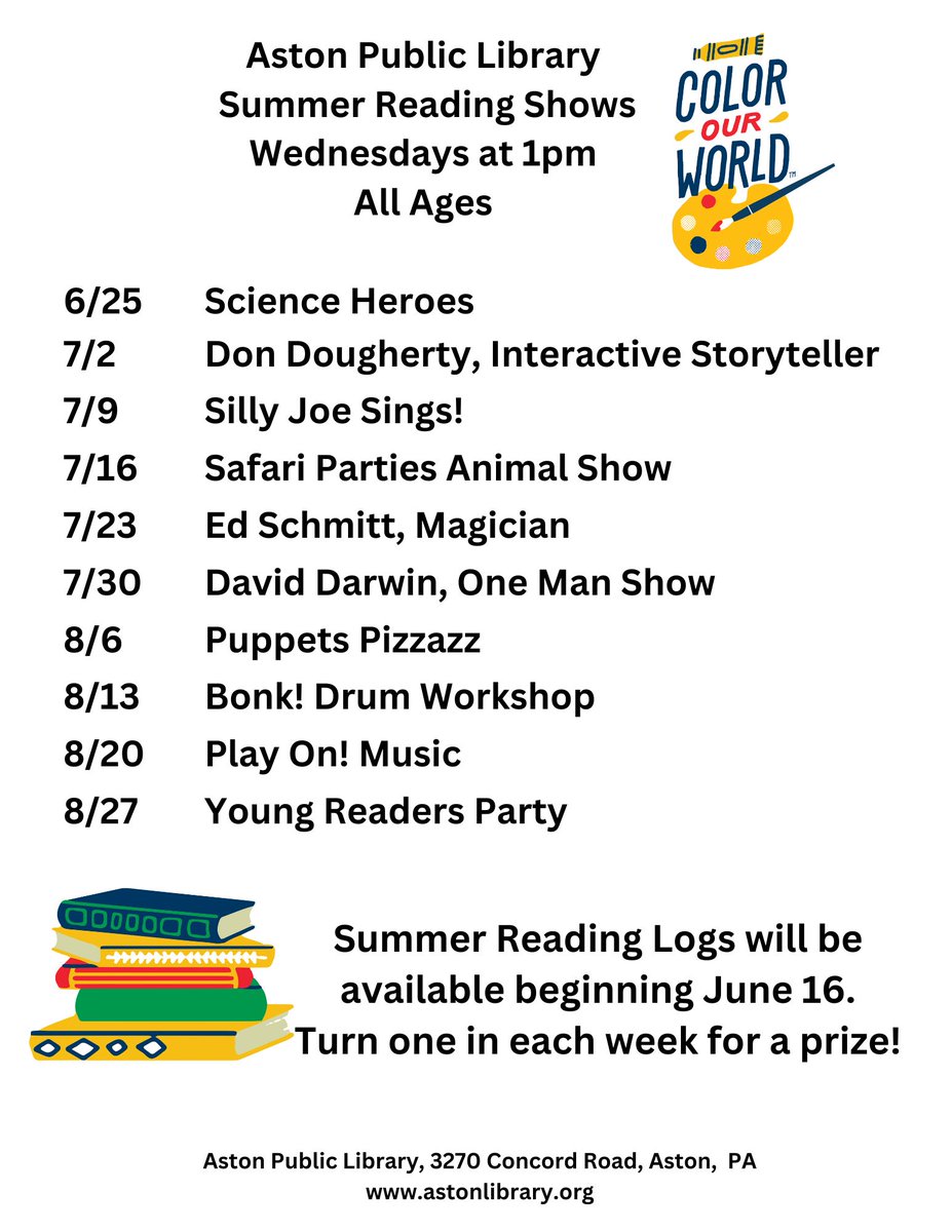 Mark your calendar for our free kids' programs every Wednesday at 1PM during the Summer!
<a href="/astontownship/">Aston Township</a>
<a href="/PennDelco/">Penn-Delco SD</a>
<a href="/CoebournES/">Coebourn Elementary</a>
<a href="/PDSD_AstonES/">Aston ES</a>
<a href="/PDSD_Pennell/">Pennell Penguins</a>
<a href="/ParksideES/">Parkside Elementary</a>