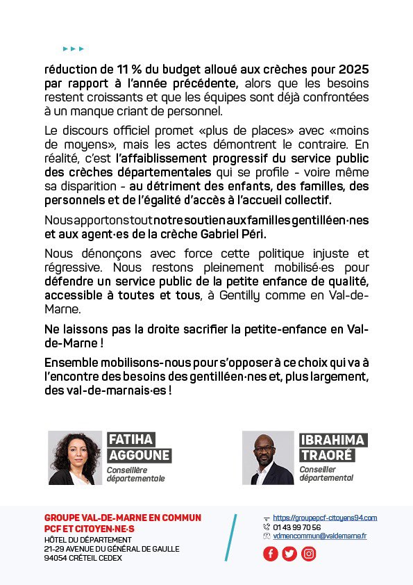 🚨 Après Arcueil et Créteil, c’est désormais la crèche Gabriel Péri à Gentilly qui est menacée de fermeture par la majorité départementale de droite.