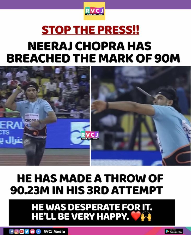 PriyaMeena50879's tweet photo. Neeraj Chopra becomes the 25th man to cross the 90m barrier. He makes a throw of 90.23m in his third attempt at the Doha Diamond League.
#DohaDL https://t.co/5pvwUSerLE