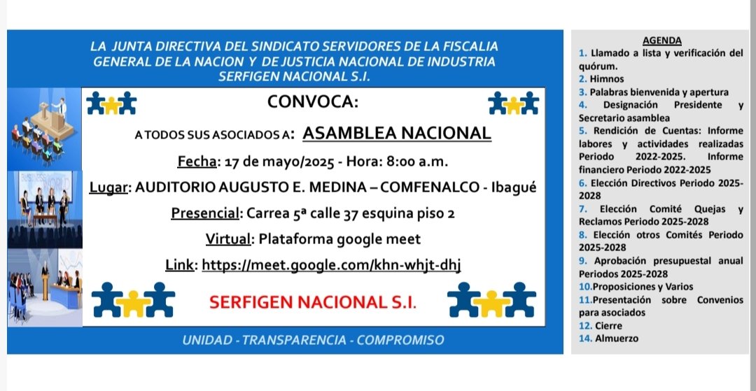 SERFIGEN_'s tweet photo. ASAMBLEA NACIONAL ASOCIADOS 2025. SERFIGEN NACIONAL S.I. Sábado 17 de mayo/2025 8:00 a.m. Auditorio Augusto E. Medina - Comfenalco Ibagué. Presencial y/o virtual: link https://t.co/ITqbRSlYVg https://t.co/FyQlpPQVgy